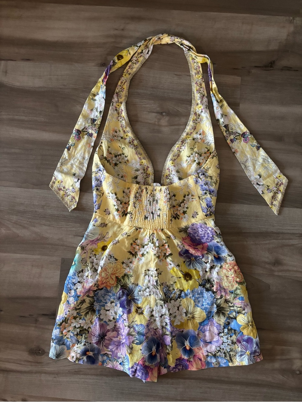 Camilla Designer Darling Buds Halter Romper Yellow and Floral 100% Linen Size XS - Picture 5 of 10